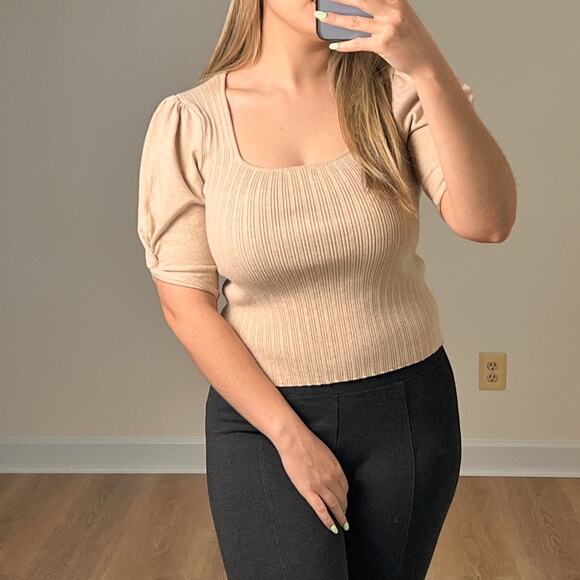 LUSH Puff Sleeve Ribbed Knit Square Neck T-Shirt Oatmeal S Neutral - Picture 2 of 5